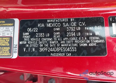 2023 Kia Forte Lxs из США, поврежденный, VIN 3KPF24AD8PE504553